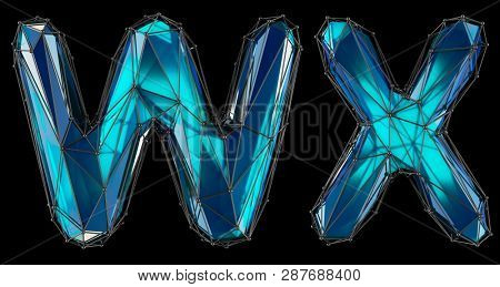 Letter set W, X made of realistic 3d render blue color. Collection of low polly style alphabet isolated on black background