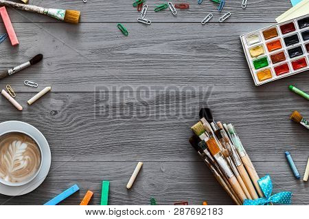 Artistic Background Concept, Creative Art Work Accessory Colorful Supplies Set, Paint Brushes, Paint