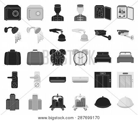 Hotel And Equipment Black, Monochrome Icons In Set Collection For Design. Hotel And Comfort Vector S