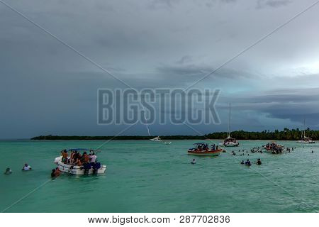 Saona, Dominican Republic - October 29, 2015: Tourists Party In Water At Storm