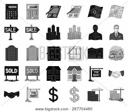Realtor, Agency Black, Monochrome Icons In Set Collection For Design. Buying And Selling Real Estate