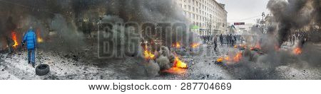 Kiev, Ukraine - January 20, 2014: The Barricades On The Street Were Built Hrushevskoho Defenders Of 