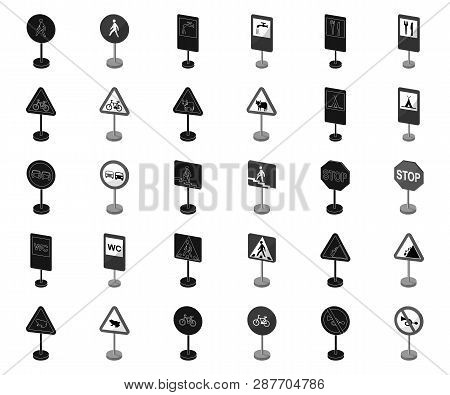 Different Types Of Road Signs Black, Monochrome Icons In Set Collection For Design. Warning And Proh
