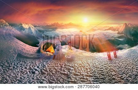 Moonrise, Moonset In The High Mountains Like The Himalayas, Fantasy And Fairy-tale Romantic Traveler