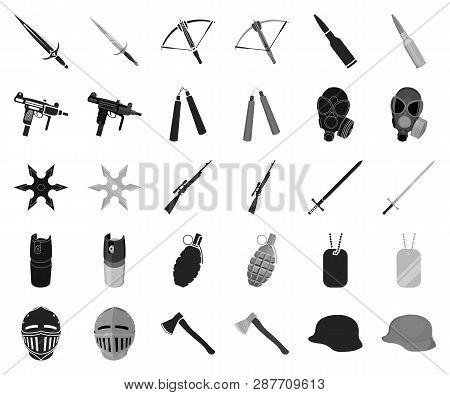 Types Of Weapons Black, Monochrome Icons In Set Collection For Design.firearms And Bladed Weapons Ve