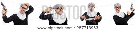 Man in nun dress with handgun 
