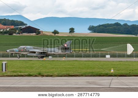 Payerne, Switzerland - August 29, 2014: Former Swiss Air Force Hawker Hunter T.68 Hb-rvw.