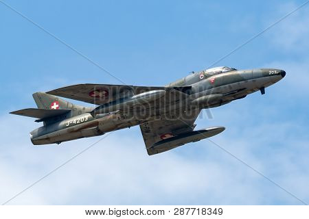 Payerne, Switzerland - September 7, 2014: Former Swiss Air Force Hawker Hunter T.68 Hb-rvw.