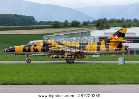 Payerne, Switzerland - September 1, 2014: Former Swiss Air Force Hawker Hunter T.68 Hb-rvv.