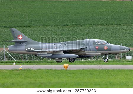 Payerne, Switzerland - September 1, 2014: Former Swiss Air Force Hawker Hunter T.68 Hb-rvr.