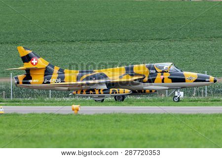 Payerne, Switzerland - September 1, 2014: Former Swiss Air Force Hawker Hunter T.68 Hb-rvv.