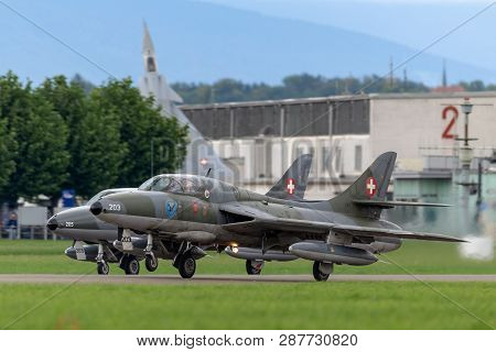 Payerne, Switzerland - September 1, 2014: Former Swiss Air Force Hawker Hunter T.68 Hb-rvw.