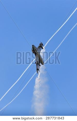 Payerne, Switzerland - September 8, 2014: Former Swiss Air Force Hawker Hunter T.68 Hb-rvr.