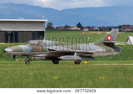 Payerne, Switzerland - September 1, 2014: Former Swiss Air Force Hawker Hunter T.68 Hb-rvw.