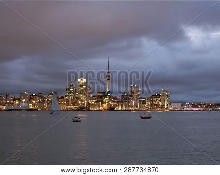 Auckland In New Zealand From Devonport At Night