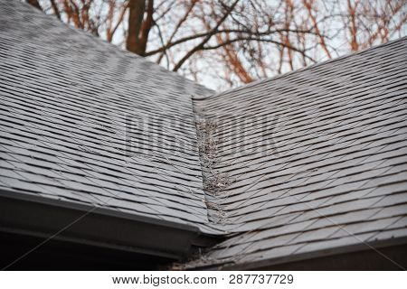 Asphalt Shingles House Roofing Construction Corner Angle Covered In A Thin Layer Of Frost In Winter,
