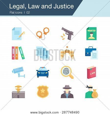 Legal, Law And Justice Icons. Flat Design. For Presentation, Graphic Design, Mobile Application, Web