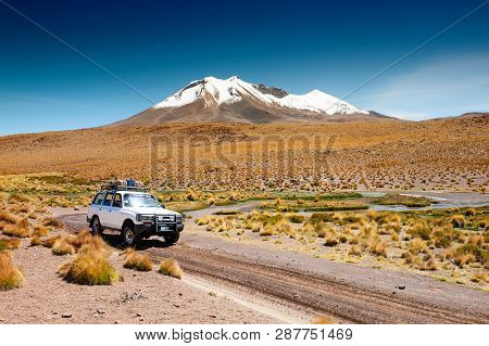 Altiplano, Bolivia - March, 27, 2017: Off-road Car Driving In The Desert On Altiplano Plateau, Boliv