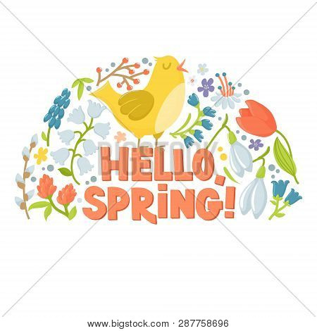 Hello Spring Greeting Card, Semicircle Banner With Cute Cartoon Hen, Chicken, Spring Flowers And Tex