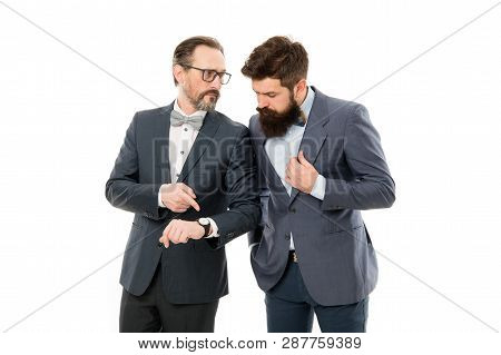Check Clock. Business People Formal Clothes Having Different Opinion About Time. Time Management And