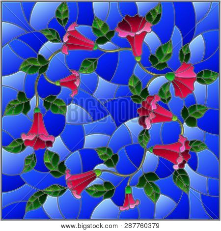 Illustration In Stained Glass Style With Flowers Loach, Pink Flowers And Leaves On Blue Background