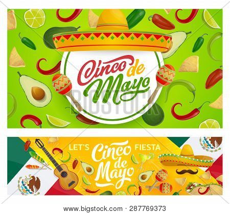 Cinco De Mayo Holiday Sombreros, Guitar, Maracas And Moustaches Vector Design Of Mexican Fiesta Part