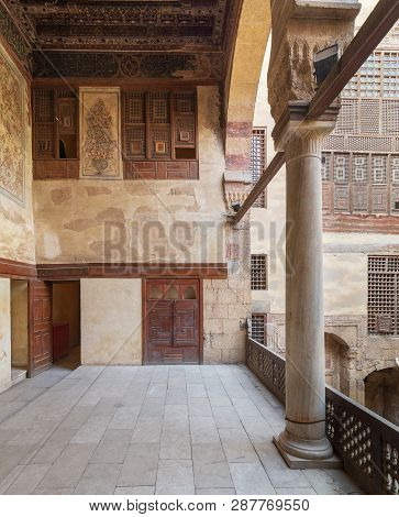 Cairo, Egypt - December 16, 2018: Terrace At Ottoman Era Historic Beit El Set Waseela Building (wase