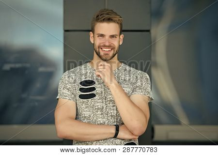 Happy Man With Beard On Smiling Face Outdoor. Macho Smile In Grey Tshirt. Casual In Style. Happy And