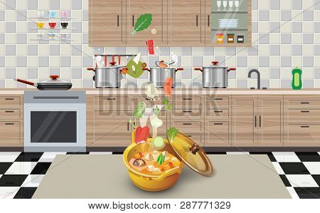Hotpot And Ingredients In The Kitchen Room