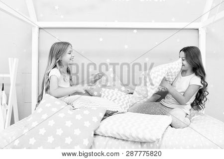 Best Girls Sleepover Party Ideas. Girls Happy Best Friends In Pajamas With Pillows Sleepover Party. 