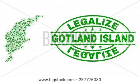 Vector Cannabis Gotland Island Map Collage And Grunge Textured Legalize Stamp Seal. Concept With Gre