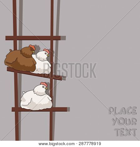 Cartoon Background With Three Hens On Ledder