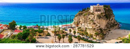  Calabria, Tropea -view of church  Santa Maria del'isola and great beach, Italy