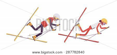 Sporty Man And Woman Falling Off In Bad Technique On Ski Resort. Wrong Skiing On Active Holiday, Win