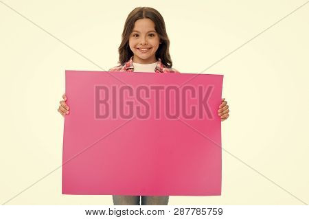 Advertisement. Little Girl Hold Paper For Advertisement. Advertisement Child With Place For Copy Spa