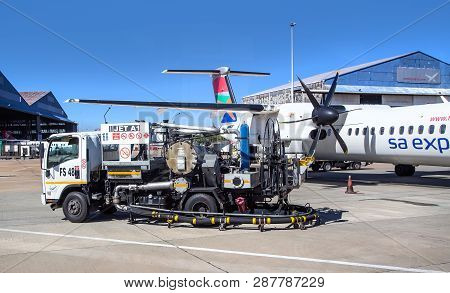 Johannesburg, South Africa, 28th February - 2019: Fuel Truck Containing Jet-fuel Filling Airplane.