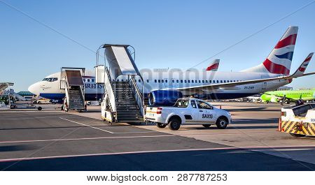 Johannesburg, South Africa, 28th February - 2019: Plane Waiting On Tarmac At International Airport