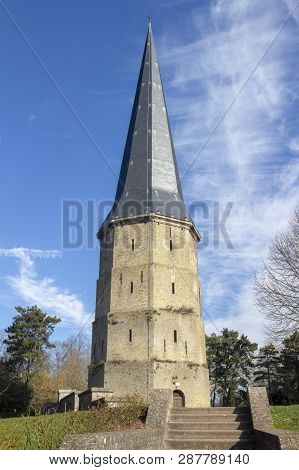 Steps Leading Up To The Pointed Tower Of Saint Winoc Abbey, Bergues, Nord Pas De Calais, France