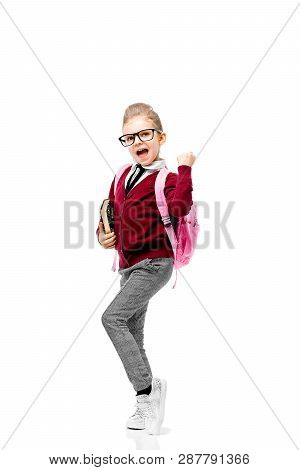 Back To School. Beautiful Little Girl Dressed Like A School Girl - In White Shirt, Red Blouse And Gr