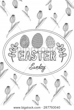 Happy Easter Greeting Card, Vector Hand Drawn Festive Design. Colorful Holiday Background With Doodl