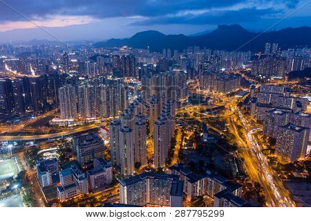 Kowloon Bay, Hong Kong, 16 February 2019:  Top down view of Hong Kong Kowloon side at night