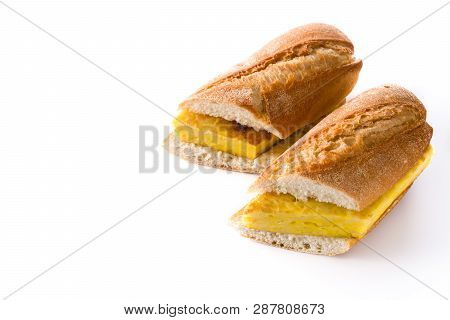 Bocadillo De Tortilla Española. Spanish Potato Omelette Sandwich Isolated On White Background. Copys