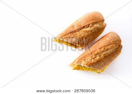 Bocadillo De Tortilla Española. Spanish Potato Omelette Sandwich Isolated On White Background. Top V