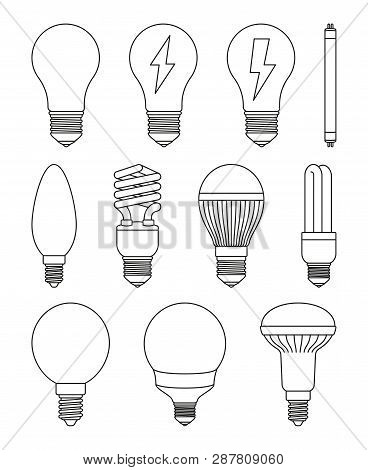 11 Line Art Black And White Light Bulb Set. Incandescent, Fluorescent, Halogen Lamp And Neon Tube. E