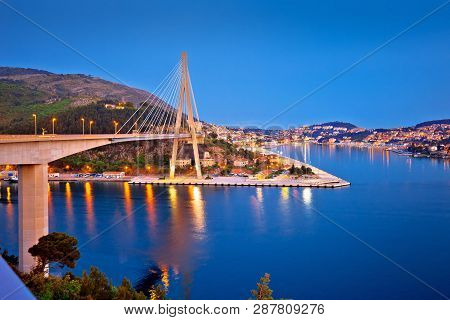 Dubrovnik Franjo Tudjman Bridge And Harbor Evening View, Southern Dalmatia Region Of Croatia