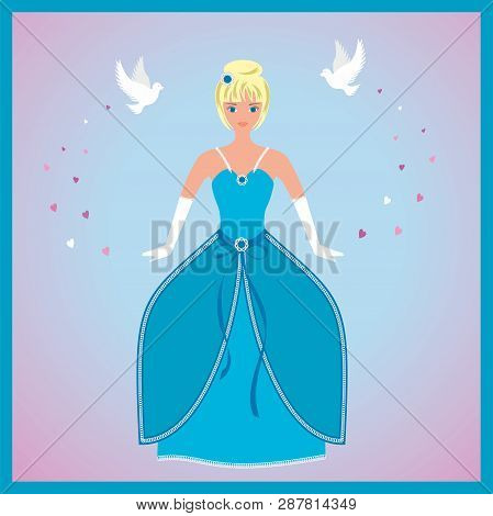 Dress Like A Prinsess. Blonde Girl In Blue Dress. Pigeons Flying In The Background