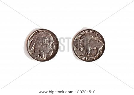 Us Circa 1920 Indian Head Buffalo Silver Nickel Coin Isolated On White