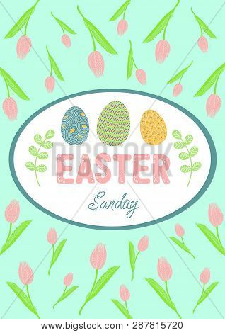 Attributes Of Easter Sunday. A4 Poster. Greeting Easter Card. Spring Vector Illustration.
