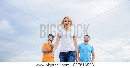 Leadership Concept. Woman In Front Of Men Feel Confident. Moving Forward Support Male Team. What Mak