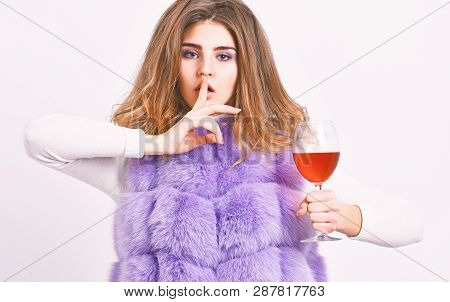 Girl Fashion Makeup Wear Fur Coat Hold Wine Glass. Alcohol And Cold Weather. Woman Enjoy Wine. Hedon